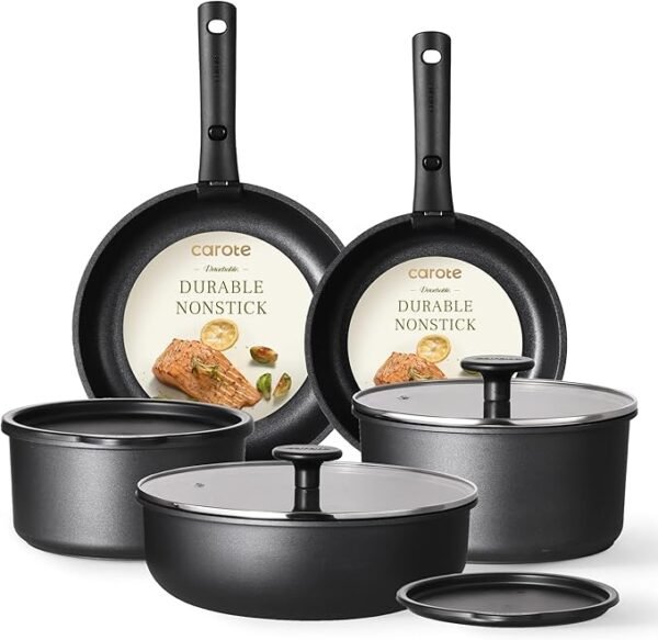 Pots and Pans Set Non Stick, Cookware Set Detachable Handle, Nonstick Induction Kitchen Sets Non Stick with Removable Handle, RV Cook Ware, Oven Safe, Black