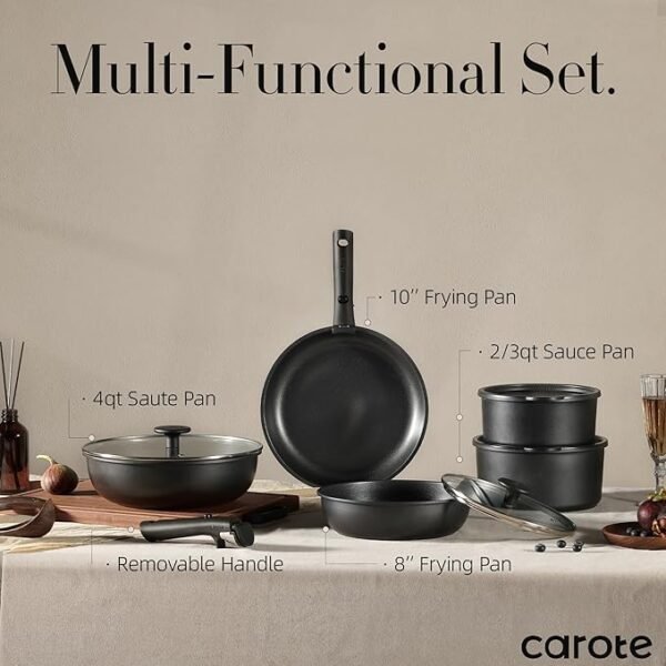 Pots and Pans Set Non Stick, Cookware Set Detachable Handle, Nonstick Induction Kitchen Sets Non Stick with Removable Handle, RV Cook Ware, Oven Safe, Black - Image 2